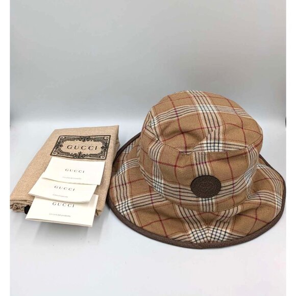 Gucci Monogram Plaid Bob Double Back Reversible Bucket Hat Beige M58cm 700851 - Picture 10 of 11